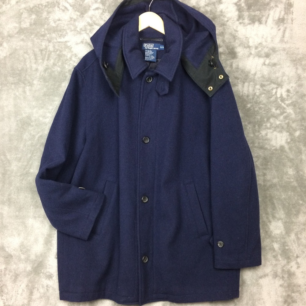 Vtg Polo Ralph Lauren Wool Coat Men XL Zip Button Jacket Hood Blue Prep Academia